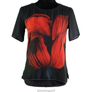 Zara W&B Collection Women's Sheer Black Red Floral Crew Neck Blouse